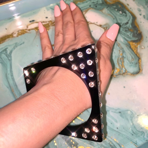 Black Acrylic Bangle Bracelet, Geometric Shaped, Swarovski Crystal Rhinestones - Picture 3 of 14